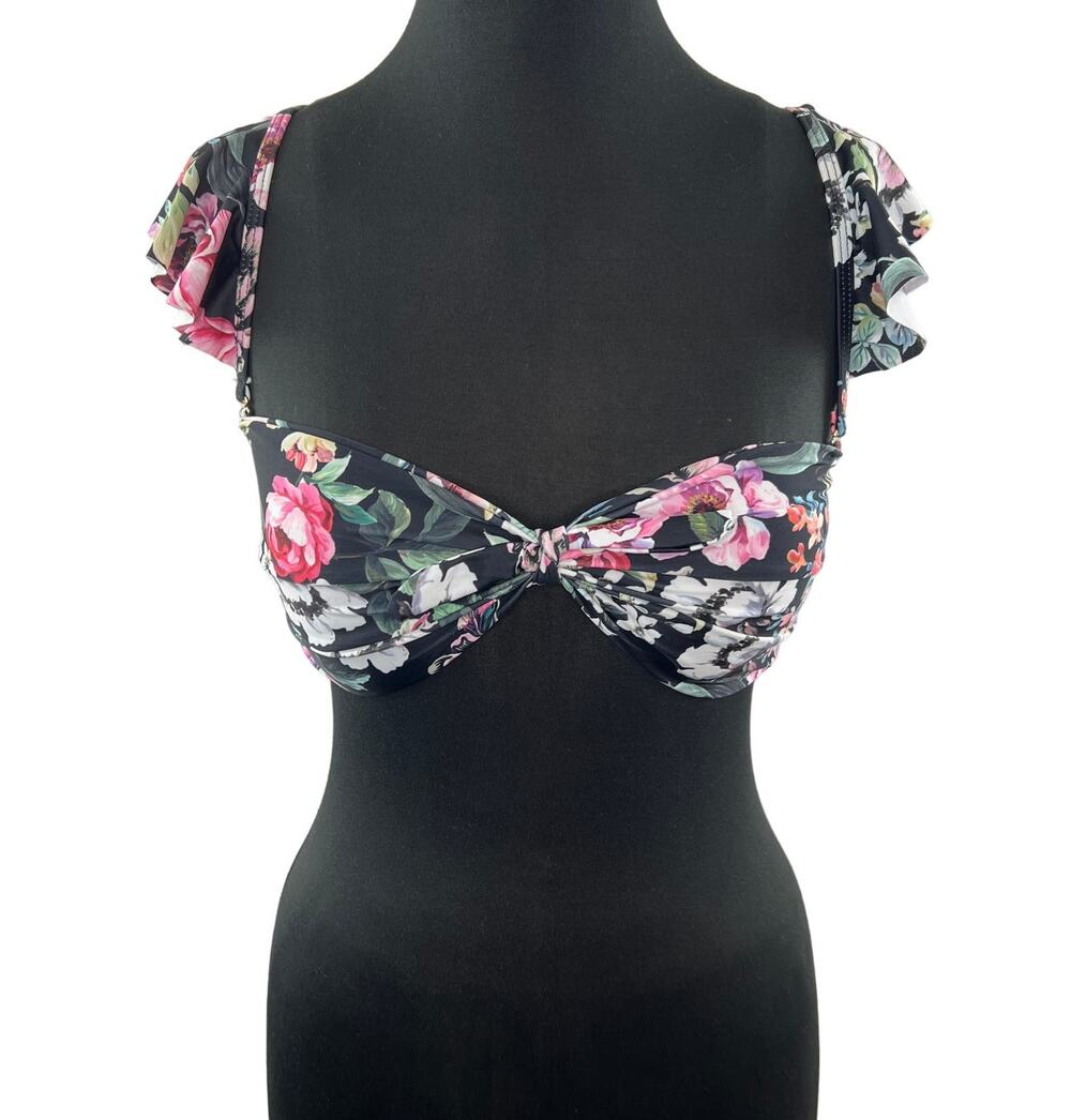 YUMI KIM Black Bra Floral Stretch Ruffle Sleeve Square Neck Size X-Small XS NEW